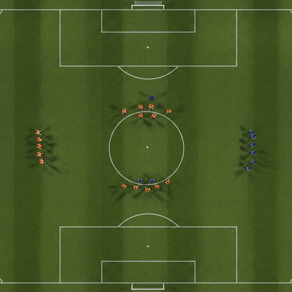 Formazione tattica di una squadra di calcio vista dall'alto sul campo