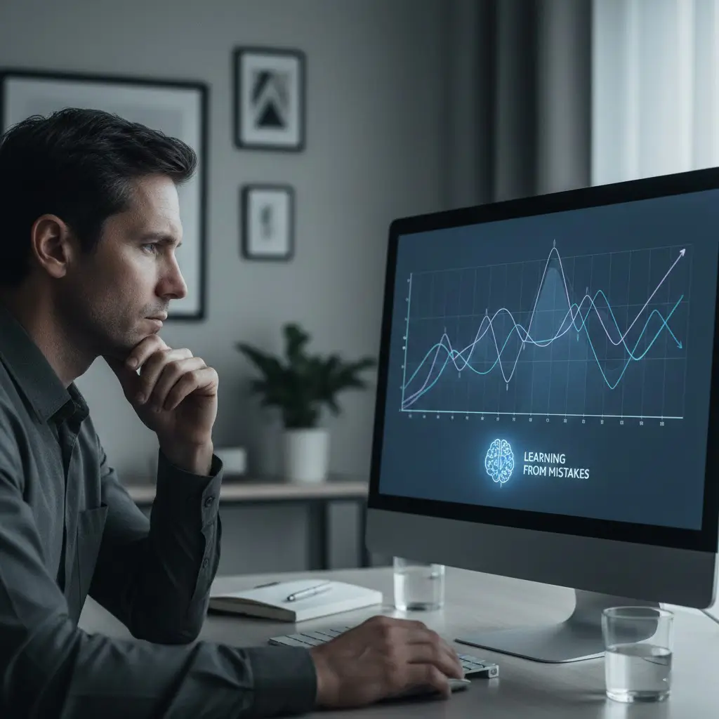 Persona riflette davanti a uno schermo con grafici di performance sportiva