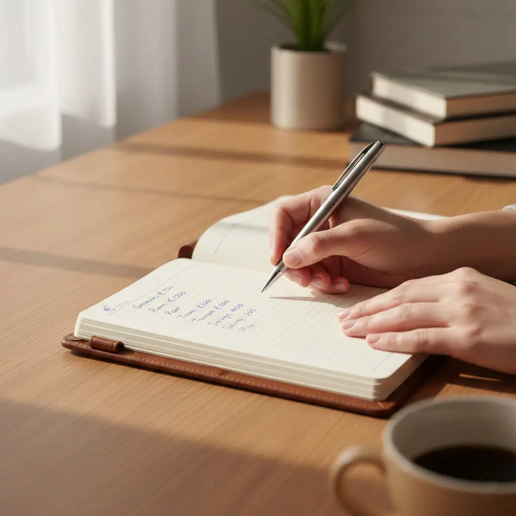 Persona prende appunti su un quaderno con simbolo euro mentre pianifica il budget