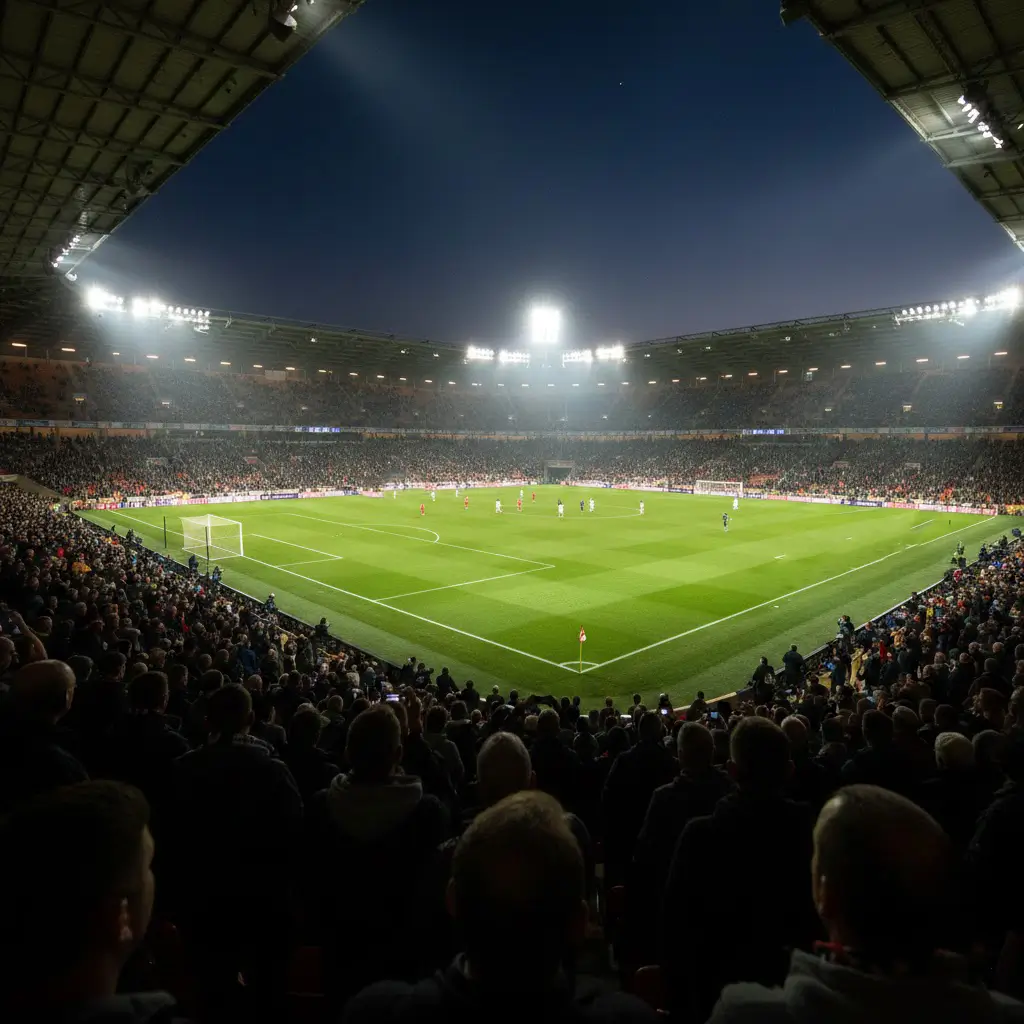 Tifosi seguono una partita di calcio in uno stadio illuminato di sera