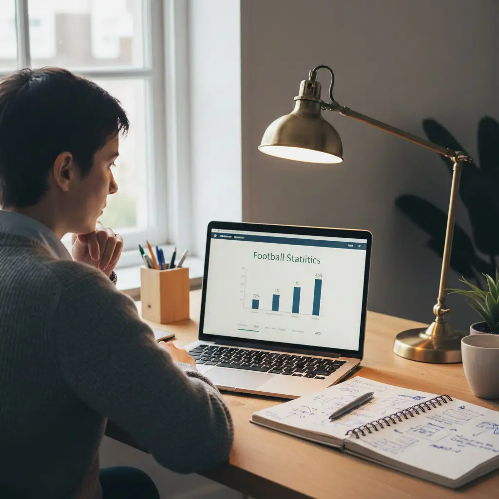 Analista sportivo studia statistiche di una partita di calcio su laptop